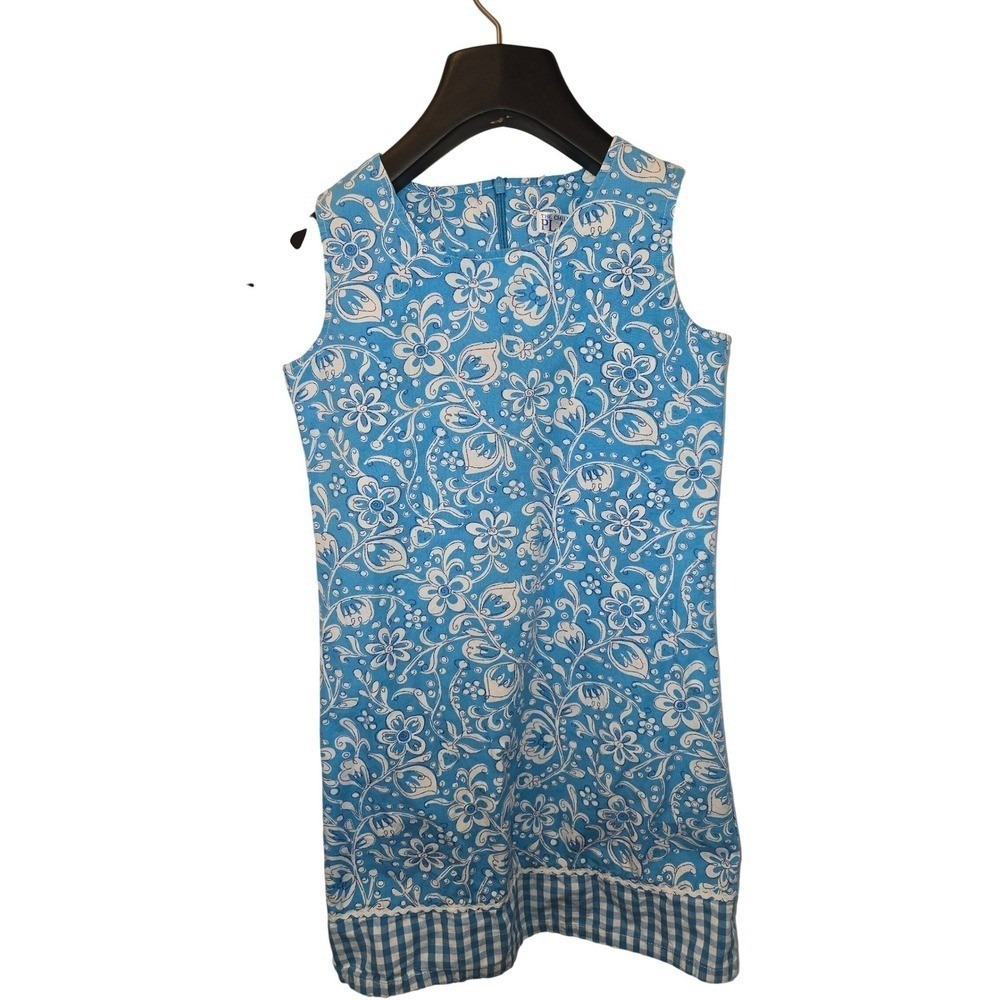 The Childrens Place Girls Blue White Floral‎ Gingham Lace Trim Dress Size 8 - Picture 2 of 5